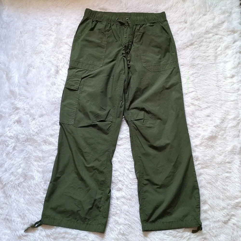 Aerie Avenue Baggy Cargo Pants Womens L Green Flame 100% Cotton Wide Leg Boho - Picture 2 of 12